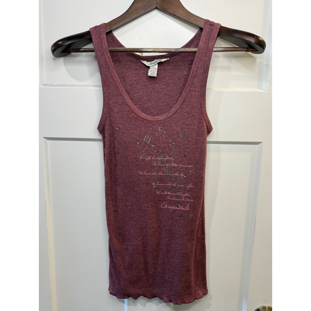 Aeropostale Y2K Graphic Ribbed Tank Top Burgundy Silver Foil Rhinestone Large